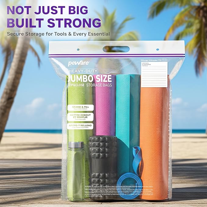 20 Gallon Heavy Duty Jumbo Storage Bags with Handle – 24" x 34" Resealable Zipper Top, Oversized Storage Solution for Clothes, Food, Pillow, Bedding, Household, BPA-Free, Pack of 10, 6 Mil Thick