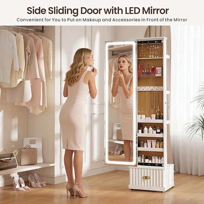 Lvifur Jewelry Cabinet with LED Mirror - Side Sliding Door Jewelry Armoires for Bedroom,Standing Jewelry Organizer with Full Length Mirror&3 Photo Frames&Drawer&Movable Wheels for Cloakroom,White