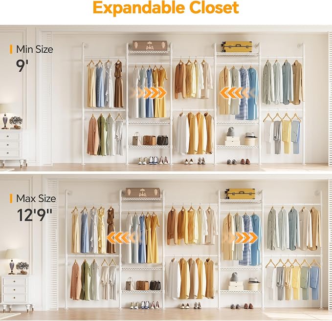 Higeego W5 Wall Mounted Expandable Clothes Rack, 9-12 ft Wide Adjustable Clothing Rack with Extended Rod Closet Organizer System Industrial Pipe Garment Rack for Reach in Closet 1300LB Capacity, White