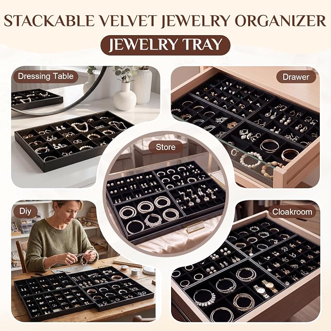 Unittype Set of 4 Stackable Jewelry Organizer Tray for Drawer Inserts Velvet Necklace Earring Bracelet Ring Holder Jewelry Display Storage Box for Bangle Stud Necklace Ring(6/12/15/24 Grid,Black)