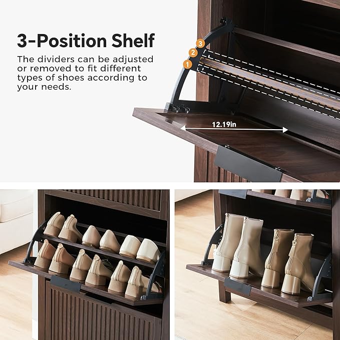2 Flip Drawers Shoe Cabinet Storage for Entryway, Narrow Hidden Shoes Organizer for Front Door Entrance, Free Standing Shoes Cabinet Wooden Hallway Shoe Rack(Brown)