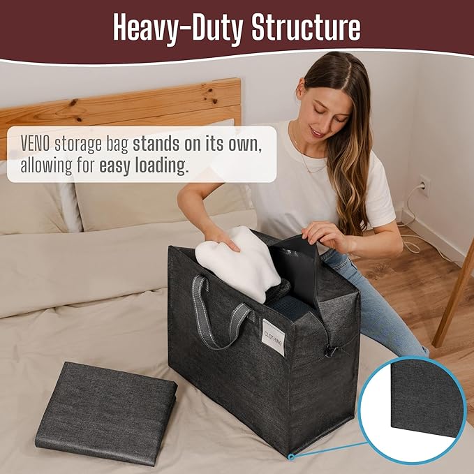 VENO 4 Pack Heavy Duty Moving Bags, Storage Bags, Packing Supplies, Top Zipper, Storage Totes for Camping, Clothes, Bedding, Comforters, Pillows (13 Gallon Dark Gray, 4 Pack)