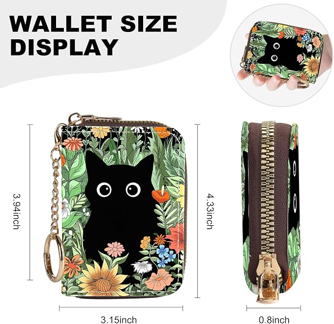 Credit Card Holder for Women,Small Rfid Wallet with Keychain Zipper,Cute PU Leather Card Case Wallet，Accordion Credit Card Wallets Gift,Flowers and Black Cat B