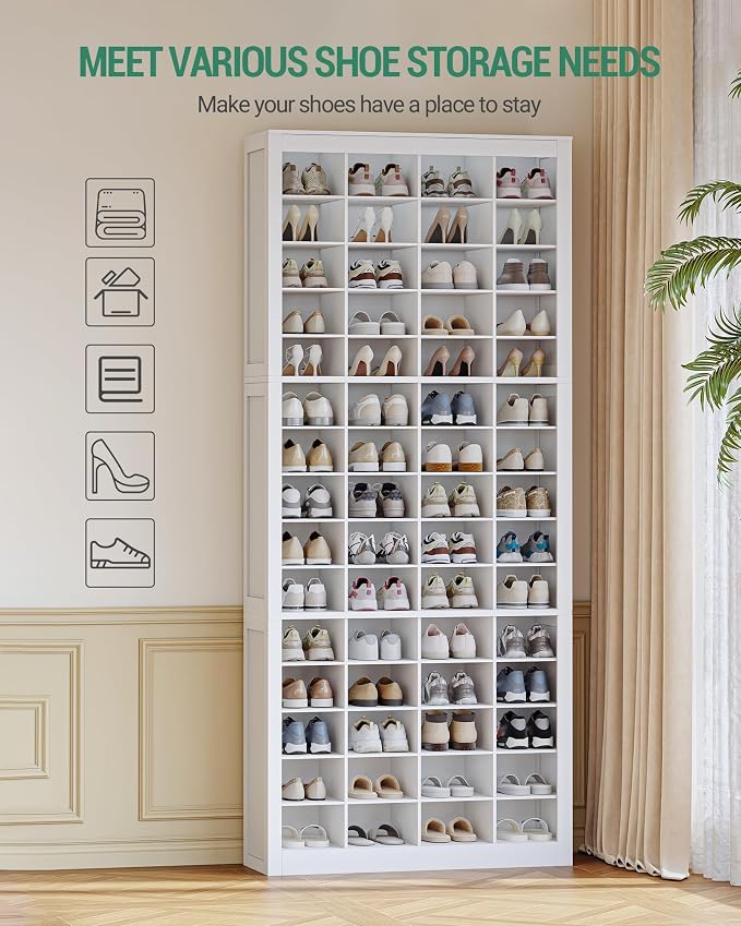 Hzuaneri Shoe Storage Cabinet, 60 Pairs Free Standing Closet Organizer, 9 inch Widened Cell Wood Shoe Organizer, 15 Tiers Vertical Space Saving Shoe Rack for Entryway, Cloakroom, White SR49603X