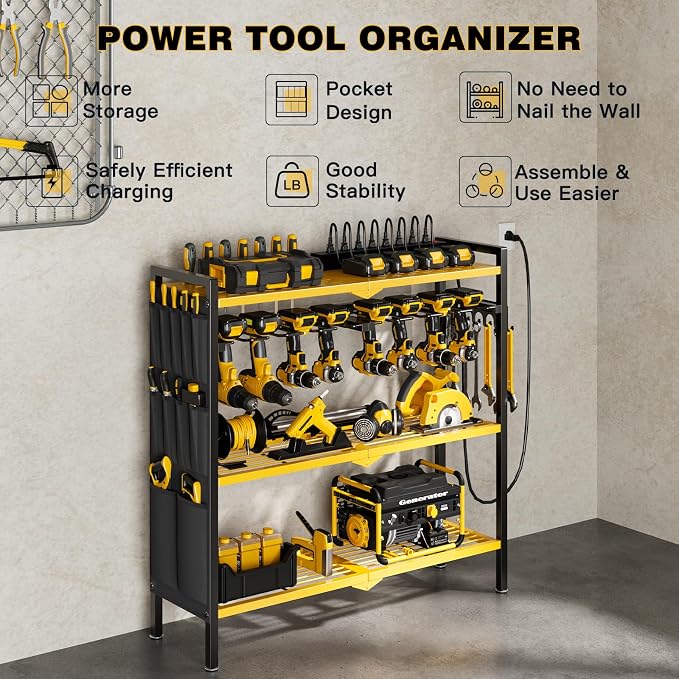 NattyDot Power Tool Organizer Cart with Charging Station, 8 Drills, Yellow | Freestanding Power Tool Cart Holds 8 Drills; Charging Station Powers Batteries while Sturdy Shelves Organize Garage Gear