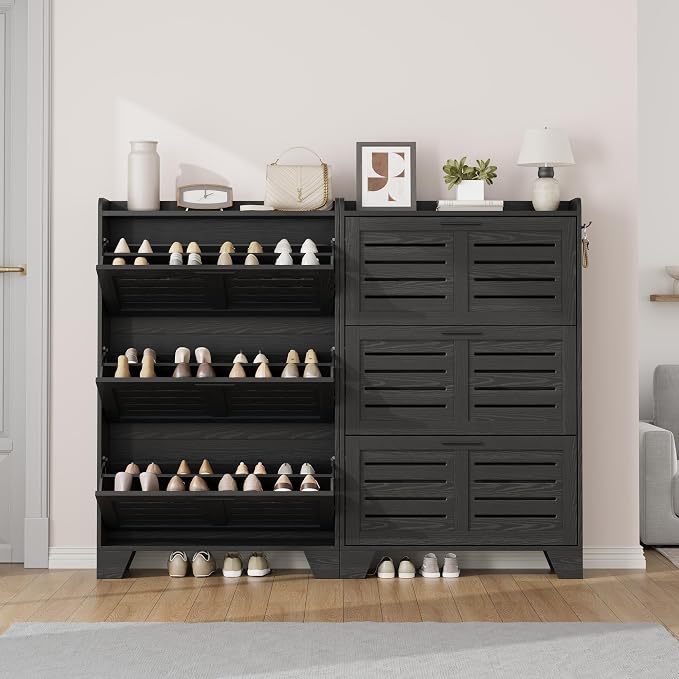 Garvee Shoe Storage Cabinet with 3 Flip Drawers, Freestanding Shoe Organizer Storage for Entryway with 2 Side Hooks, Farmhouse Hidden Slim Narrow Shoe Rack Cabinet, Black