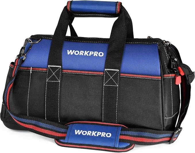WORKPRO 16-inch Wide Mouth Tool Bag with Water Proof Molded Base | Multi-Pocket, Heavy Duty Cloth, Adjustable Shoulder Strap, Double-pull Zipper, For Workshops, Outdoor Projects