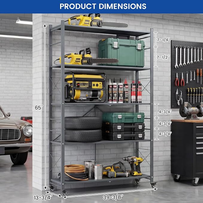 ALANNG 40" W Foldable 5-Tier Storage Shelves on Wheels Adjustable | Removable Metal Rack, Heavy Duty Rolling Organizer for Kitchen, Garage, Closet, Pantry, and Office (Grey,4 Pack)