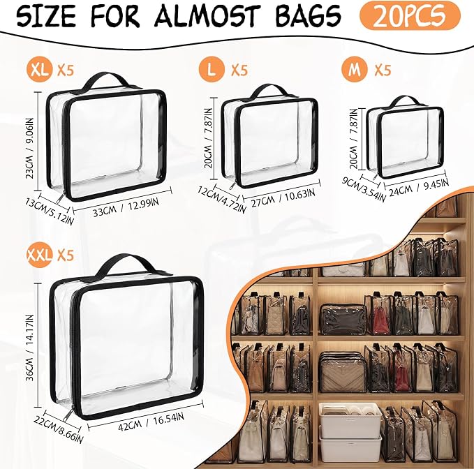 Hsei 20 Pcs Clear Dust Bags For Handbags 4 Sizes Fits Mini Wallet Oversized Tote Bags PVC Waterproof Purse Storage Organizer for Luxury Bag Soft Stand-Up with Zipper Handle for Closet Hanging (Clear)