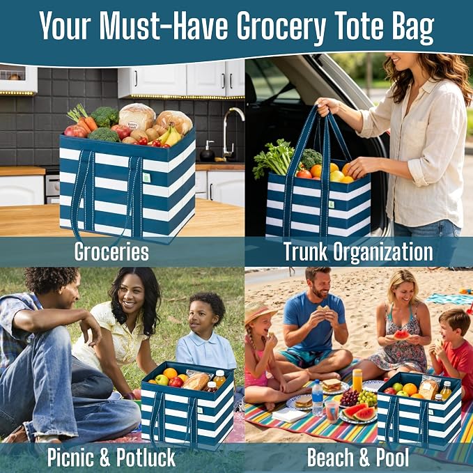 VENO 3 Pack Reusable Grocery Bags, Shopping Bags for groceries, Utility Tote with Handles and Hard Bottom, Foldable Shopping Cart Organizer, Heavy-Duty (Classic Navy, 6 Gallon-3 Pack)