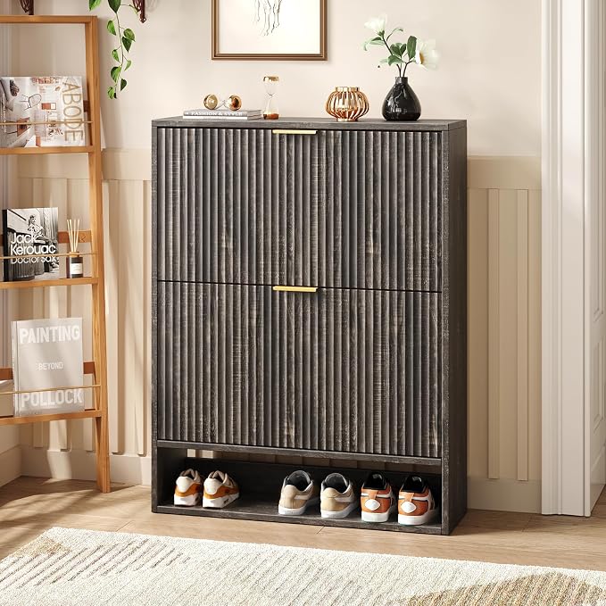 Hootata 31.5''W Black Shoe Storage Cabinet for Entryway with 2 Flip Drawers, Fluted Slim Shoe Cabinet, Free Standing Wooden Shoes Organizer for Foyer, Hallway