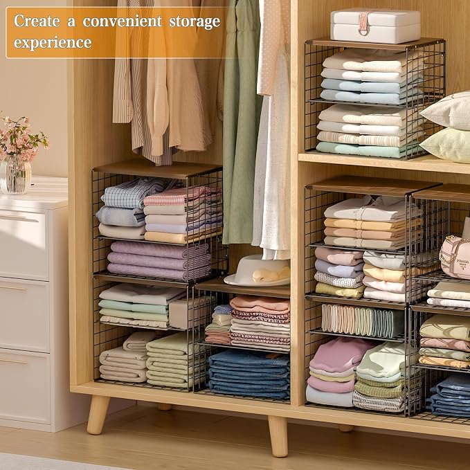 Huxitocan 4-Tier Stackable Closet Organizers and Storage Shelves, Closet Storage Basket with Wood Tops, Adjustable Height Dividers Closet Storage Bins for Home Closet Organizer System, Black