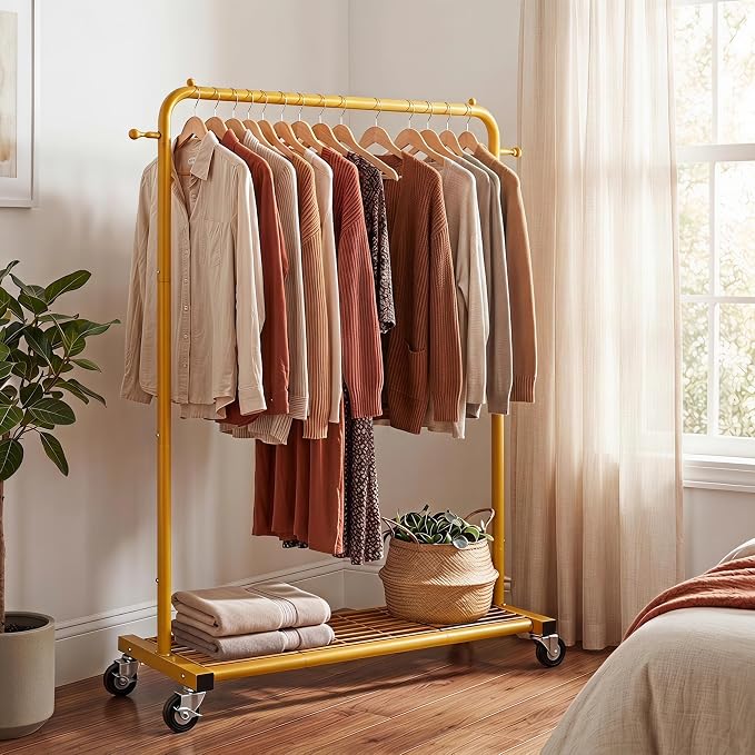 Sywhitta Clothing Rack on wheels, Clothes Rack with Bottom Mesh Storage Shelf,Sturdy Metal Frame,for Hanging Clothes,Coats,Skirts,39.76 "W x 16.06" D x 63.78" H,Gold Yellow