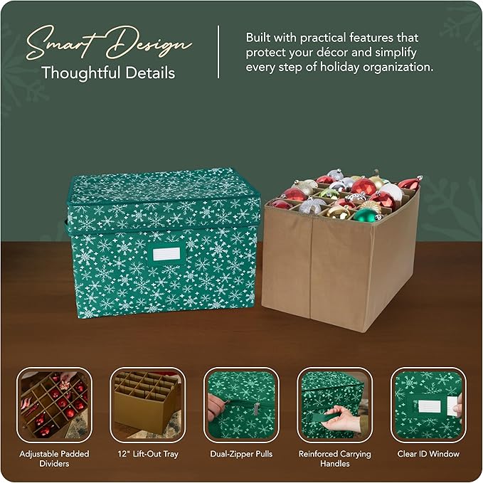 Covermates Keepsakes Adjustable Ornament Storage Box – Heavy-Duty Polyester, Padded Dividers & FlexGrid Trays – Protective Holiday Organizer with Stackable Walls & Label Window, Green Snowflake