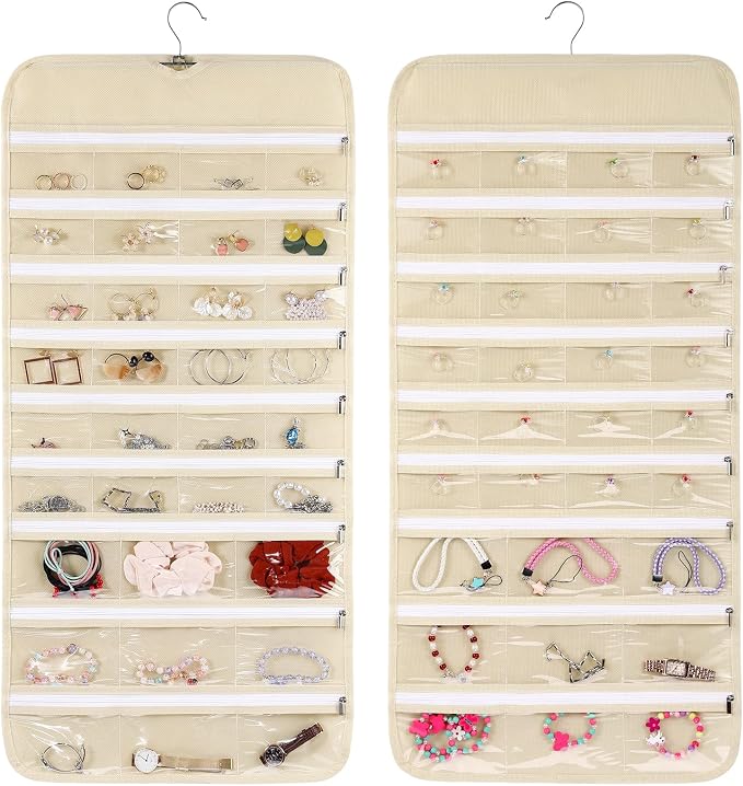 Cabilock 66 Pockets Hanging Jewelry Organizer, Double Sided Zippered Earring Holder with Clear Pockets, Space Saving Necklace Bracelet Ring Storage Bag for Closet, Door, Wall and Travel, Beige 1pcs