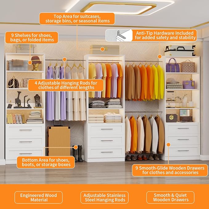 Closet System with 3 Sets, 6–15 FT Closet Organizer System with 9 Drawers, 9 Shelves & 4 Rods, Walk-In Modular Closet System, Custom Built-In Closet Kit, White