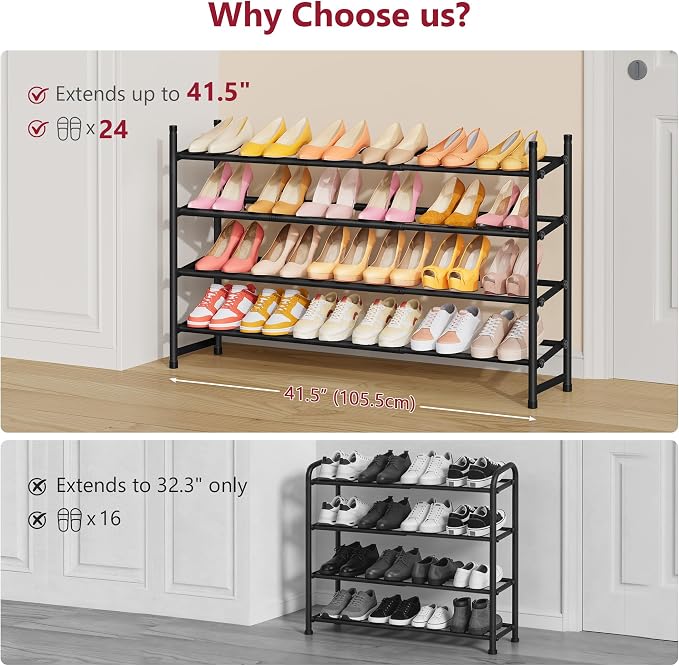 Tajsoon Expandable Shoe Rack for Closet 4 Tier, 29“-41“Adjustable & Stackable Shoe Shelf Storage, Metal Shoe Rack Organizer for Front Door Entrance, Closet, Garage, Entryway, Black