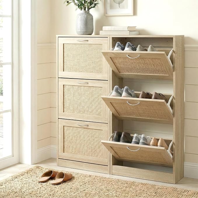 HOPUBUY Shoe Cabinet for Entryway, Narrow Shoe Storage with 3 Flip Drawers | Wood Slim Shoe Rack, 3 Tier Thin Shoe Organizer for Home and Apartment,Nature Rattan
