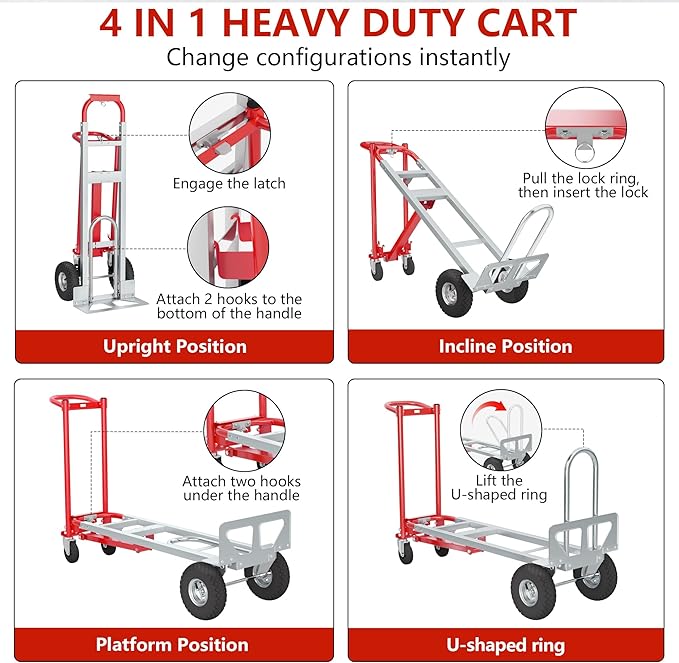 4 in 1 Convertible Hand Truck-1,000lb Heavy-Duty Folding Hand Truck Dolly Cart with Solid Wheel, 1000LBS Heavy Duty Steel Dolly for Logistics, Warehouse, Home, Office Moving, Delivery