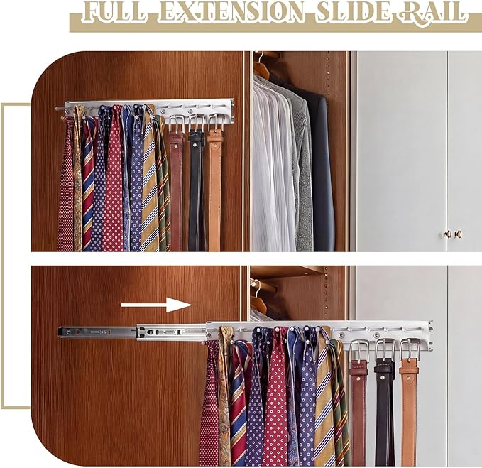 Blulu 2 Pcs 13.8'' Sliding Tie Rack Hangers for Closet, 25(Total 50) Tie Pull Out Wall Mounted Extending Sturdy Metal Belt Organizer Holder for Men Belt Storage, Sliver