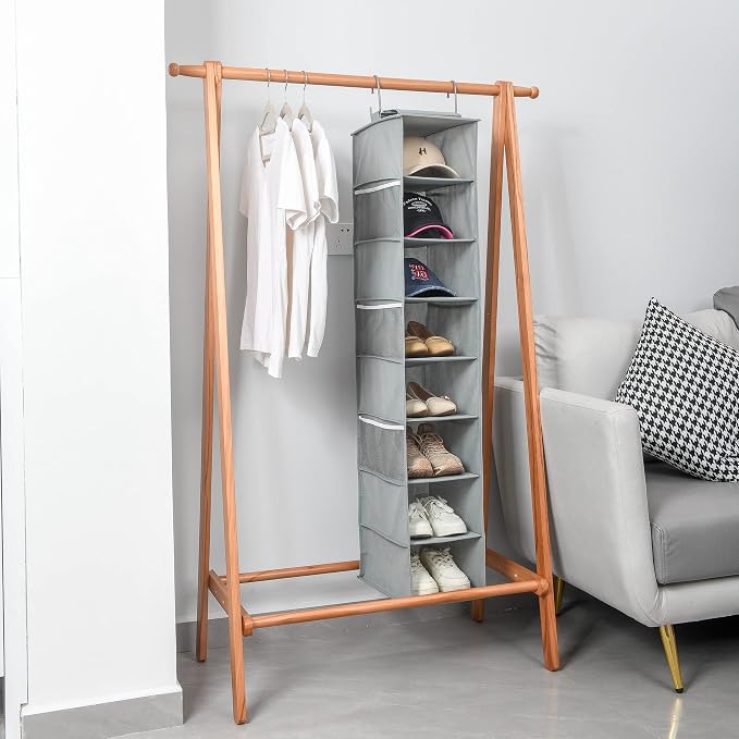 Berdeng Hanging Shoe Organizer for Closet with Side Mesh Pockets，Hat Racks for Baseball Caps，Shoe and Hat Holder & Storage，8-Shelf，Gray，2 Pack