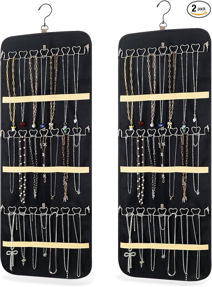 2 Pack Hanging Jewelry Organizer Storage with 43 Pockets and Hooks Dual-Sided Hanging Jewelry Organizers and Storage Hang on Closet, Wall, Door for Earrings, Necklaces, Rings,Blcak