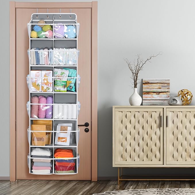 Univivi Over the Door Organizer, 6 Tiers Behind Door Storage with Clear Deep Pockets Hanging Organizer for Closet, Bedroom, Nursery, Bathroom and Sundries (Grey)
