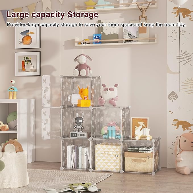 C&AHOME Cube Storage Organizer with Doors, 6-Cube Shelves, DIY Plastic Modular Bookshelf, Closet Clothes Storage Shelving Ideal for Bedroom, Living Room, Clover Embossed, Transparent