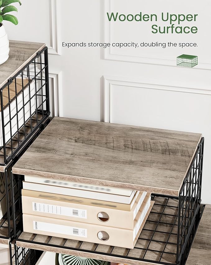 CHOEZON 3-Tier Stackable Closet Organizers and Storage, Closet Shelves Storage Bin Baskets with Wooden Upper Surface, Clothes Storage Cubes for Wardrobe and Closet Organization, Greige and Black