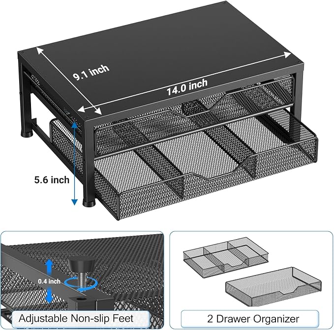 OPNICE Computer Monitor Stand Riser, Desk Organizer with Drawer, Printer & Laptop Stand, Office Desk Accessories & Workspace Desktop Organizers Storage for Office Supplies(Black with 2 drawers)