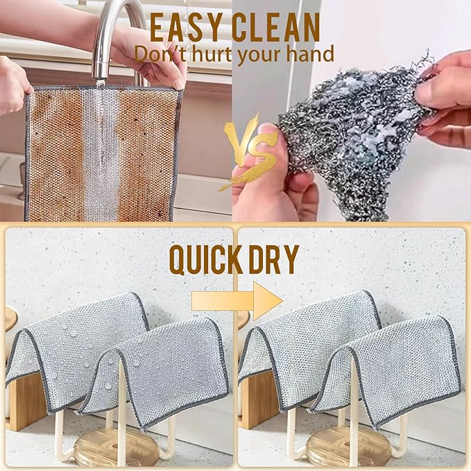 Triple-Layer Wire Dishcloth, Multipurpose Wire Dishwashing Rags for Cleaning Dishes Cookware Microwave Stove Kitcken Counter Powerful and Quick Cleaning Ability Non Scratch Reusable Wet and Dry Use