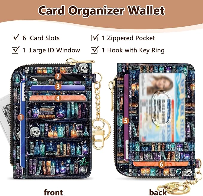 GIANCOMICS Slim Wallet Credit Card Holder Women, Goth Bookshelf Rfid Blocking Small Card Case, Keychain Thin Pocket Curved Zipper Wallet, Travel Card Holder PU Leather ID Window, Ladies Female Gifts