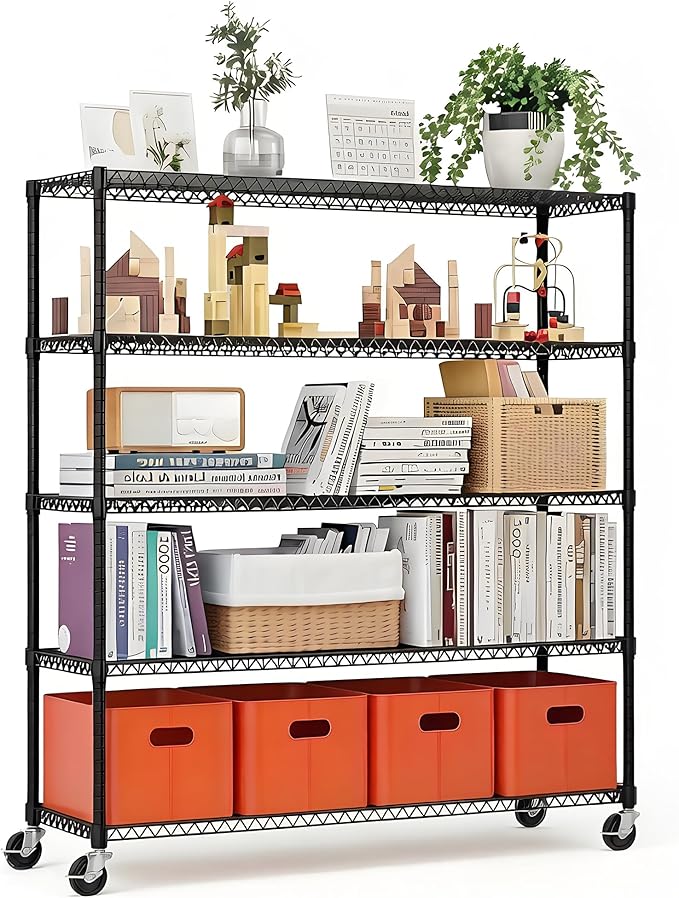 Xcity Storage Shelves, 5 Tier Heavy Duty Metal Shelving Unit with Wheels, 3000 LBS Adjustable Steel Wire Shelf for Commercial, Pantry, Kitchen, Garage, 24" D x 48" W x 72" H, Black