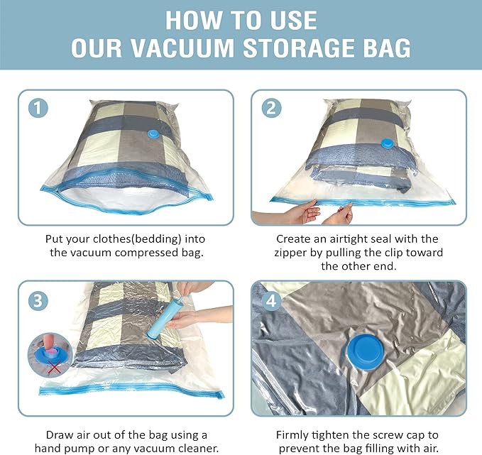Cozy Essential Vacuum Storage Bags, 80% Compression Vacuum Seal Space Saver Plastic Packaging Bags for Clothes, Blankets, Pillow, Bedding, Comforters, Sealer Clothing Storage,8 Combo