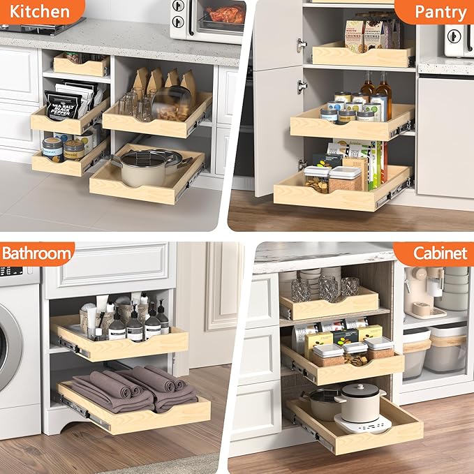 ZOINLIY 21''W X 21''D X 3''H Wooden Pull Out Drawer for Cabinet, Cabinet Organizer for Kitchen, Soft Close Slide Out Shelves, Heavy Duty, Fully Expandable