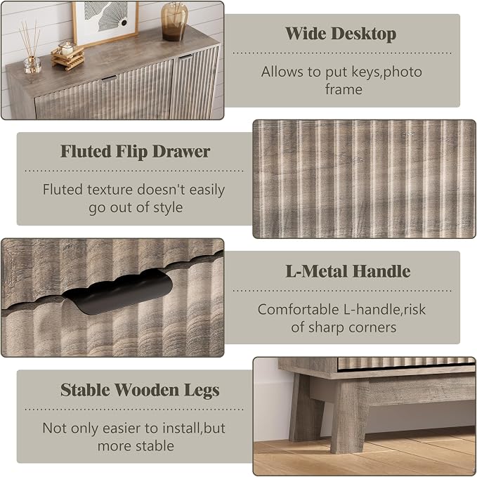 Shoe Cabinet Storage for Entryway with 3 Flip Drawers & Side Cabinet, Fluted Narrow Shoe Organizer with Wooden Leg, Freestanding Shoe Storage Hidden Shoe Rack Organizer for Front Door Entrance, Grey