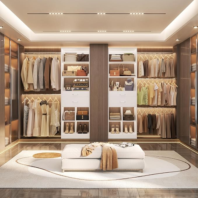 Besiost Closet System, 4-8 FT Closet Organizer Tower with 2 Wooden Drawers and 5 Hanging Rods, Can Fit 60 to 96 inch Walk-in Closet System, White