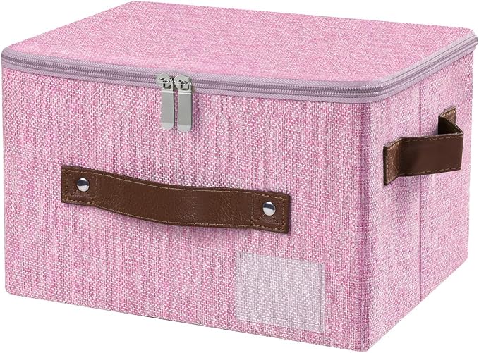 ANMINY Small Fabric Storage Box Bins with Zipper Lid, Washable Pink | Cotton Linen Fabric, PP Board Frame, Label Holder, Stackable & Foldable, PU Handles, Dual-Zipper 3-Side Open Lid