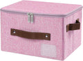 ANMINY Small Fabric Storage Box Bins with Zipper Lid, Washable Pink | Cotton Linen Fabric, PP Board Frame, Label Holder, Stackable & Foldable, PU Handles, Dual-Zipper 3-Side Open Lid