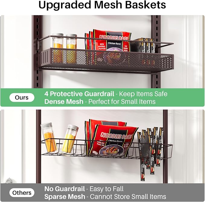 SNTD 8 Tiers Over the Door Organizer - Height Adjustable Pantry Organizers and Storage with Dense Mesh Baskets, Anti-Swing Hanging Door Spice Rack for Kitchen Bathroom (Bronze, 17" W x 6" D x 69" H)