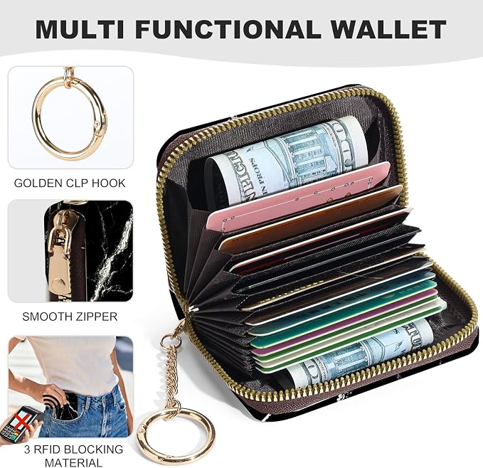 Credit Card Holder for Women,Small Rfid Wallet with Keychain Zipper,Cute PU Leather Card Case Wallet，Accordion Credit Card Wallets Gift,Black marble texture
