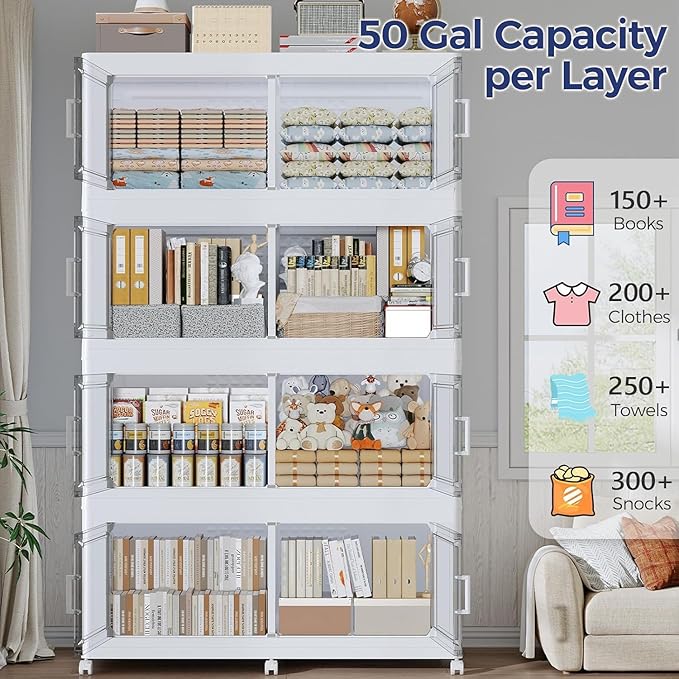 200GAL Extra Large Storage Bins with Lid, 800Qt Stackable Closet Organizers and Drawers, Collapsible Storage Bins with Wheels, Folding Containers for Home, Kitchen Office, 4Pack White