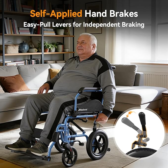 Lightweight Transport Wheelchair for Adults, Versatile Transport Wheel Chair, Supports 300 lbs, Self-Braking, Foldable & Portable, for Seniors, Elderly and Disabled