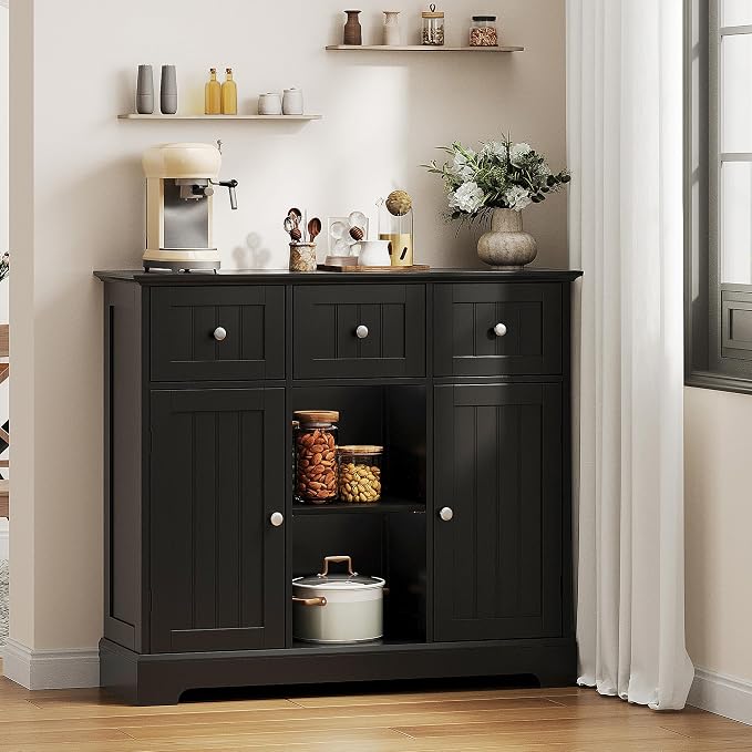 ChooChoo 35.4" Coffee Bar Cabinet with 3 Drawers and 2 Doors, Black | Buffet Cabinet with Adjustable Shelves, Storage Cabinet for Compact Kitchens, Dining rooms and Living rooms