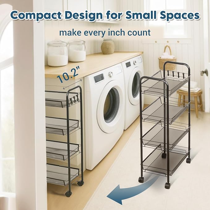 LOFTEY 4 Tier Rolling Cart, Small Metal Utility Cart with Wheels, Black | 10.2" Slim Width, Four Mesh Baskets, 15 lb Load Capacity per Basket, Tool-Free Assembly, Ideal for Bathroom & Snack Storage