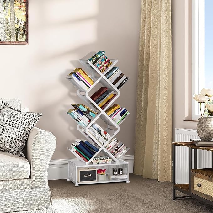 Gintan 9-Tier Corner Bookshelf with Storage,Bedroom Shelves Folding Bookshelves,No Installation Required Shelf Tree Bookcase for Living Room,Study,Home Office,Bed Room (White)