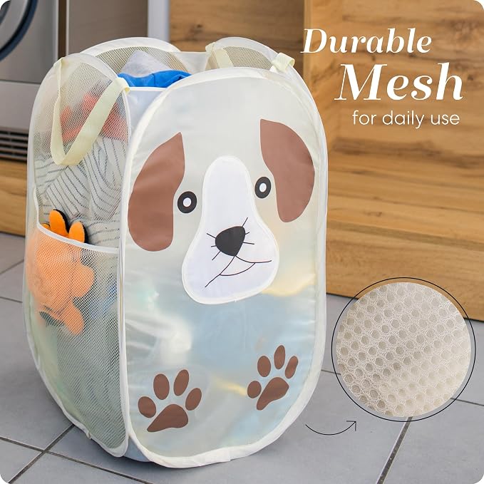 Pop Up Laundry Hamper, Cute Puppy 71L Collapsible Mesh Basket with Handles | Breathable Foldable Clothes Basket, Reinforced Handles, Side Pocket - for Dorm, Travel, Kids Room, Bedroom - Handy Laundry
