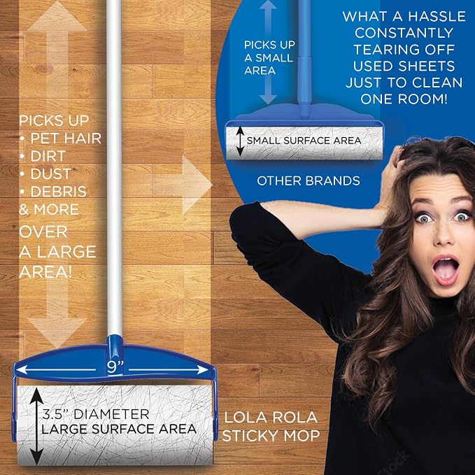 LOLA Rola PET Hair Remover Sticky Mop, Giant Floor Lint Roller, 9.5" x 3.5", Aluminum Handle, Largest Head, Traps Hair, Dust, Dirt, Extra Sticky Sheets