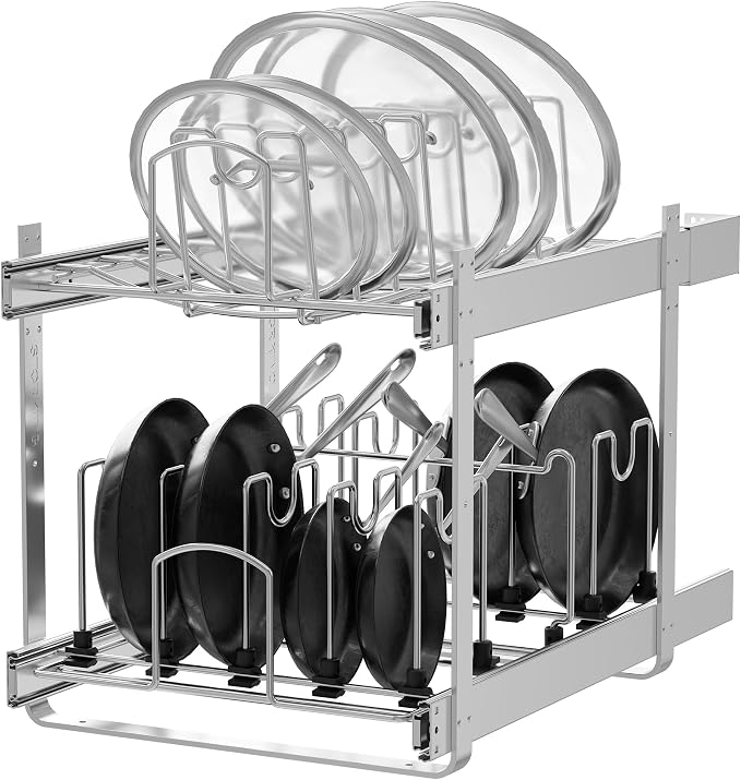 2-Tier Pots and Pans Organizer Under Cabinet Kitchen 15" W *22" D | Pull out Cabinet Organizer for Pots, Pans, and Lid Cookware, Adjustable Heavy Duty Wire Pan and Pot Rack, Full-Extension Rail