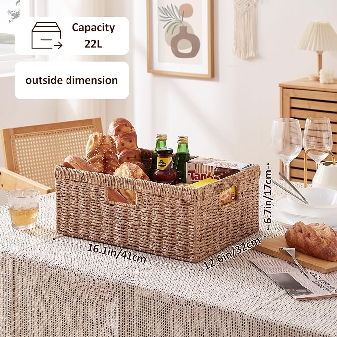 OIAHOMY Wicker Storage Basket, Rectangular Paper Rope Shelf Baskets with Built-in Handles, Woven Decorative Organizer for Pantry, Shelves, Living Room and Bathroom, 1-Pack Natural